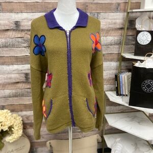 UNIF Green & Purple Zip Cardigan w/Bright Flowers